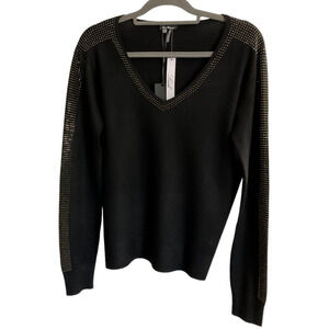 Vita Milano Black Sweater Studded Trim V-Neck Medium New